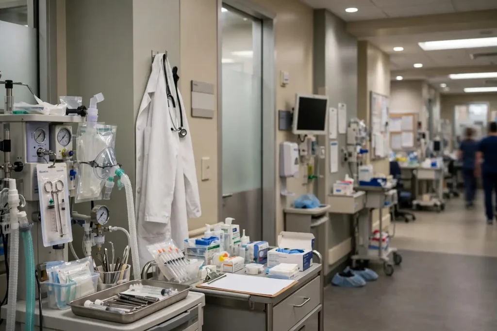 An anesthesiologist in scrubs and a surgical cap monitoring equipment in a hospital operating room
