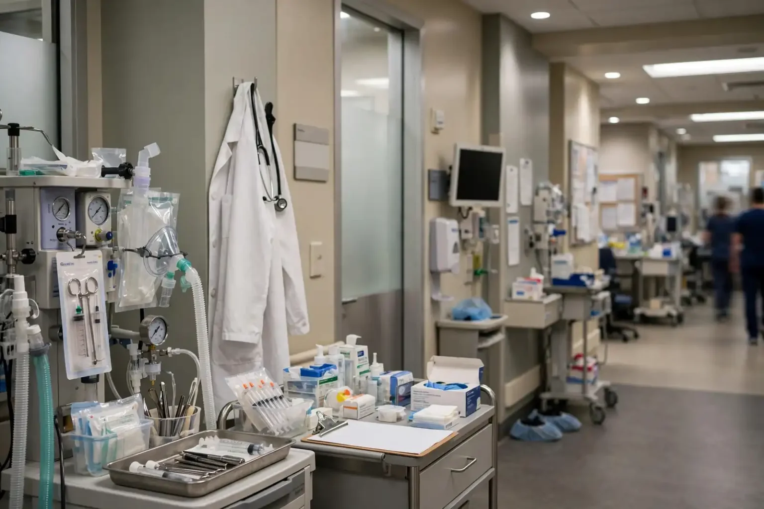 An anesthesiologist in scrubs and a surgical cap monitoring equipment in a hospital operating room