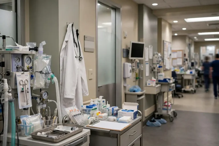 An anesthesiologist in scrubs and a surgical cap monitoring equipment in a hospital operating room