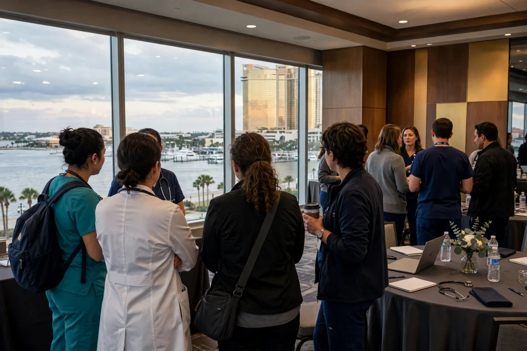 Health care professionals seated at tables listening to a speaker at the front of a hotel ballroom during a medical education conference