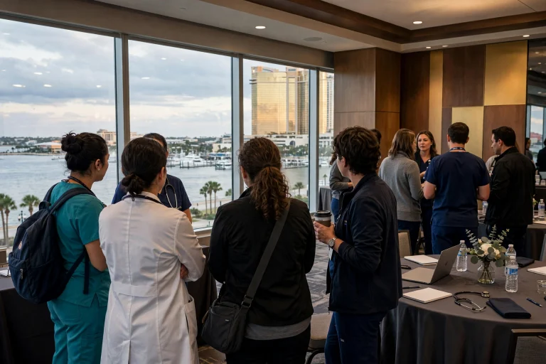 Health care professionals seated at tables listening to a speaker at the front of a hotel ballroom during a medical education conference