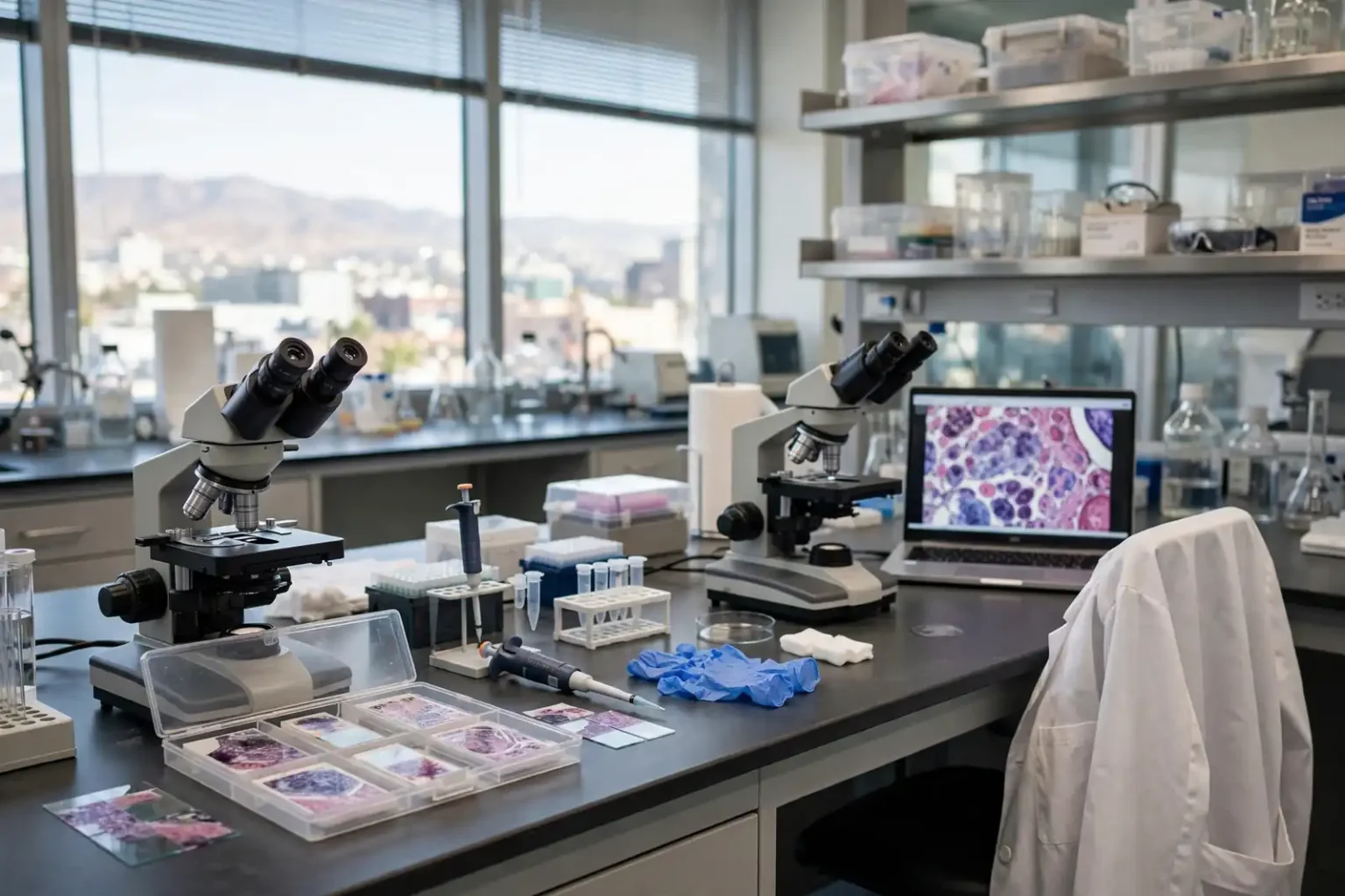 A pathologist examines tissue slides under a microscope in a hospital laboratory