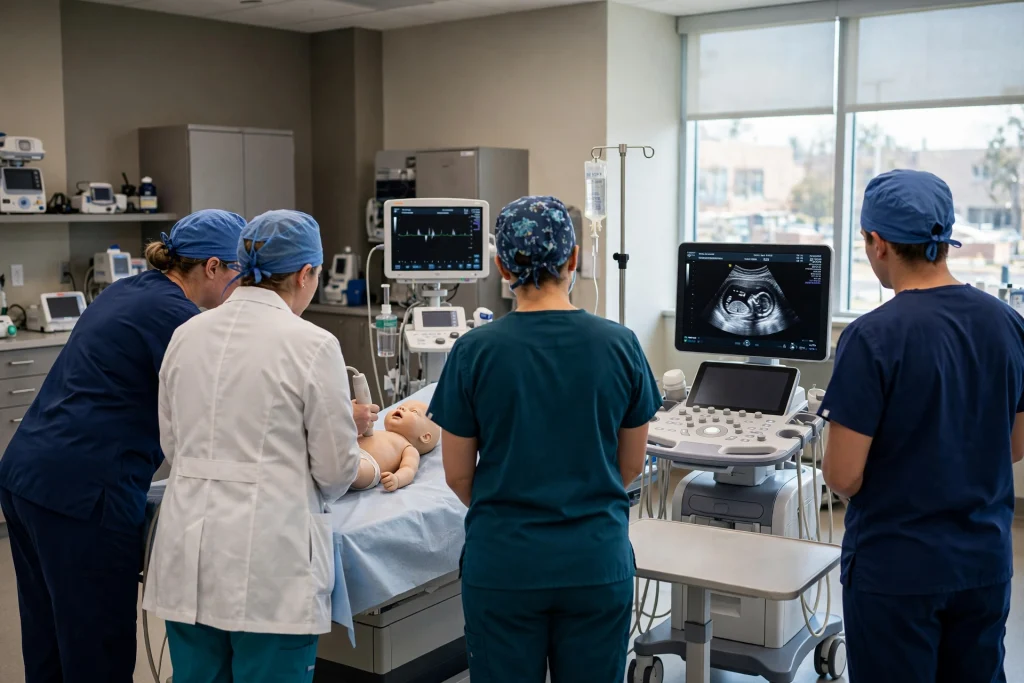 Medical residents practicing with a handheld ultrasound probe on a training mannequin while an instructor watches