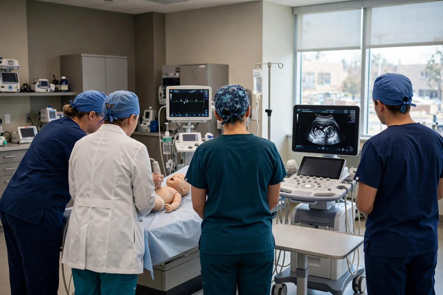 Medical residents practicing with a handheld ultrasound probe on a training mannequin while an instructor watches