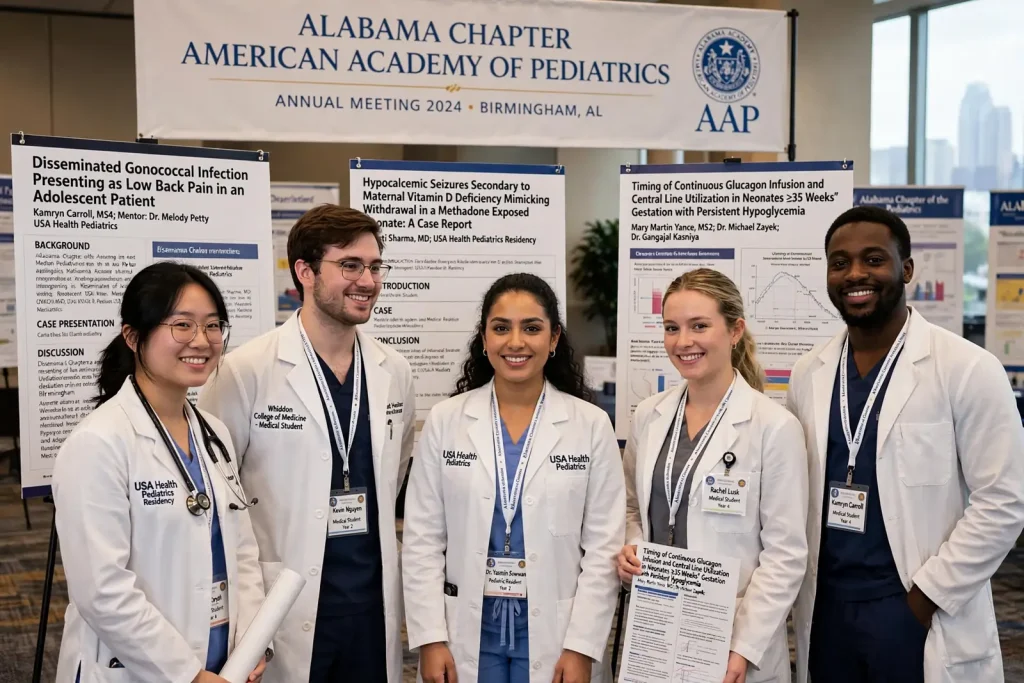 USA Health pediatrics residents presenting a research poster at a medical conference