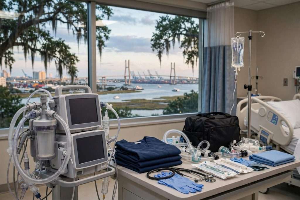 Empty hospital operating room with surgical lights, monitors and an operating table prepared for surgery