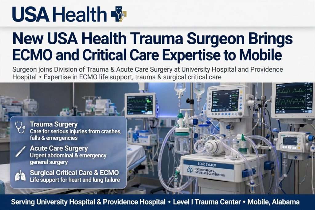 Illustration for the news story: New USA Health Trauma Surgeon Dr. Daniel P. Suarez Brings ECMO and Critical Care Expertise to Mobile