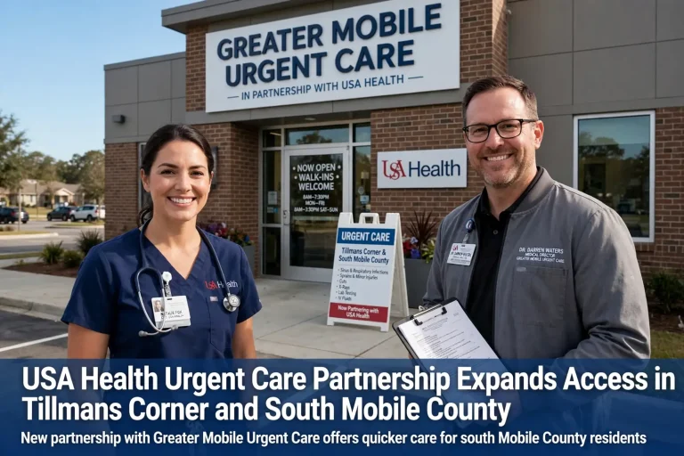 USA Health urgent care partnership: exterior of a modern walk-in urgent care clinic