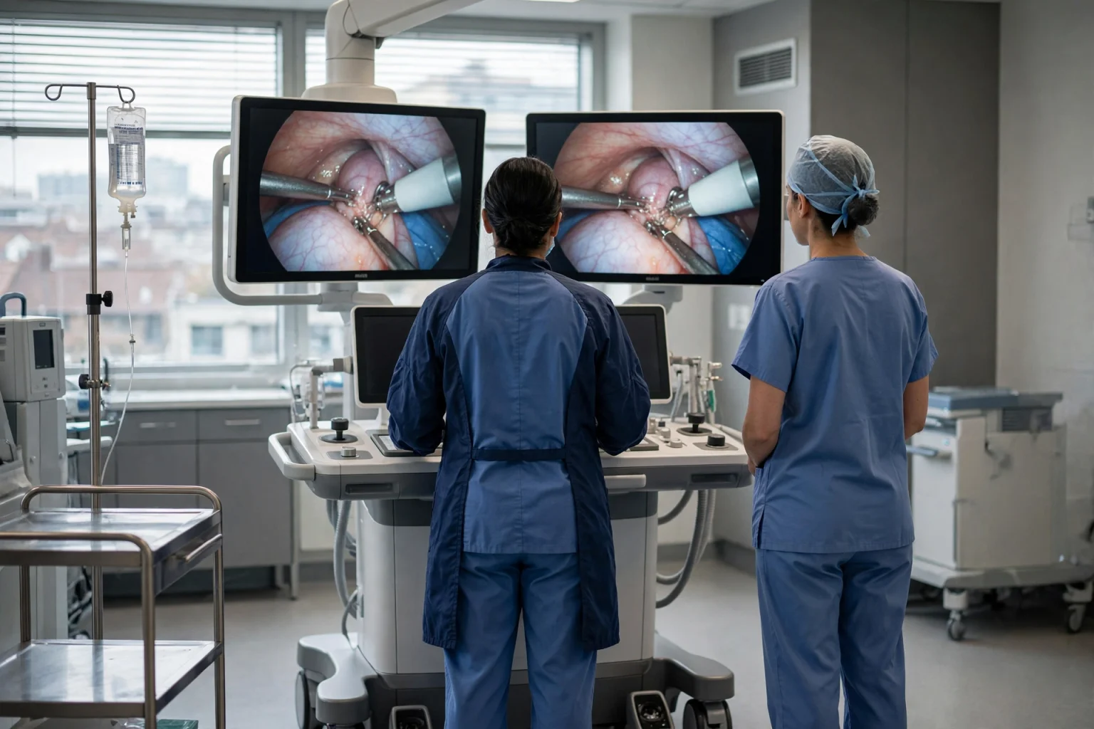 A surgeon in a white coat speaking with a patient in a hospital consultation room