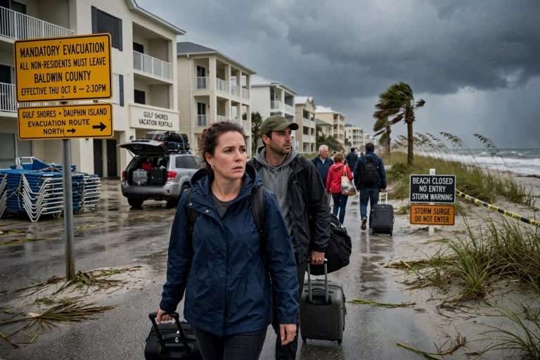 Illustration for the news story: Evacuated Beach Visitors Seek Vacation Rental Refunds as Hurricane Isaias Cuts Gulf Shores Trips Short