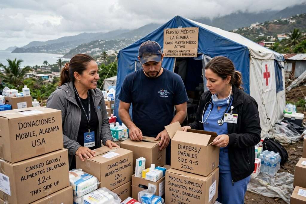 Volunteers packing cardboard boxes of canned goods, diapers and medical supplies for shipment to Venezuela