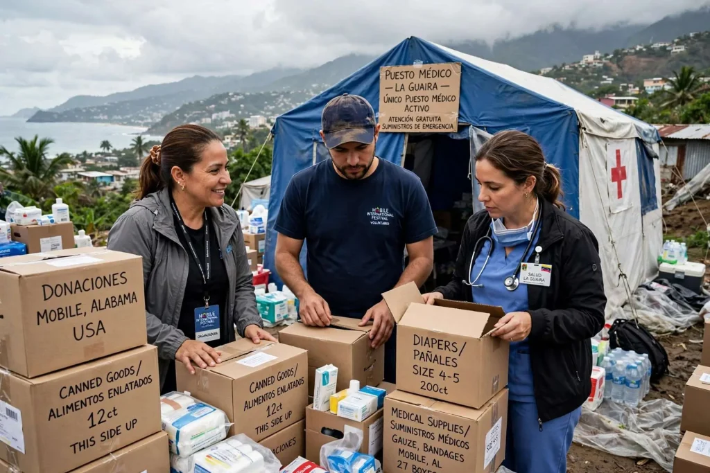 Volunteers packing cardboard boxes of canned goods, diapers and medical supplies for shipment to Venezuela