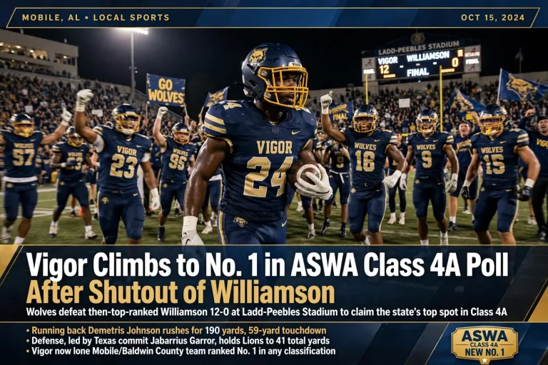 Vigor No. 1 - Vigor Climbs to No. 1 in ASWA Class 4A Poll After Shutout of Williamson