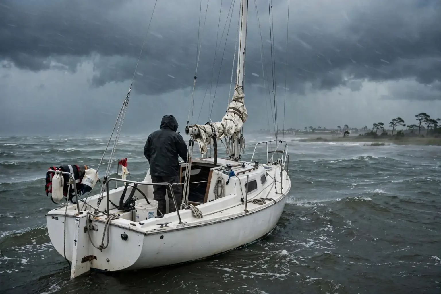 A person in rain gear aboard a small sailboat in rough, wind-whipped water under dark storm clouds near a barrier island shoreline