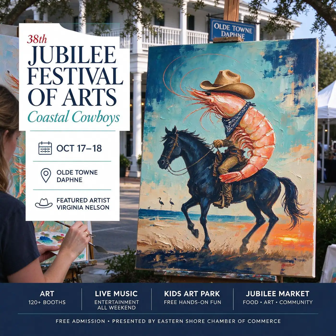 Visitors stroll past white artist tents under live oak trees during the Jubilee Festival of Arts in Olde Towne Daphne