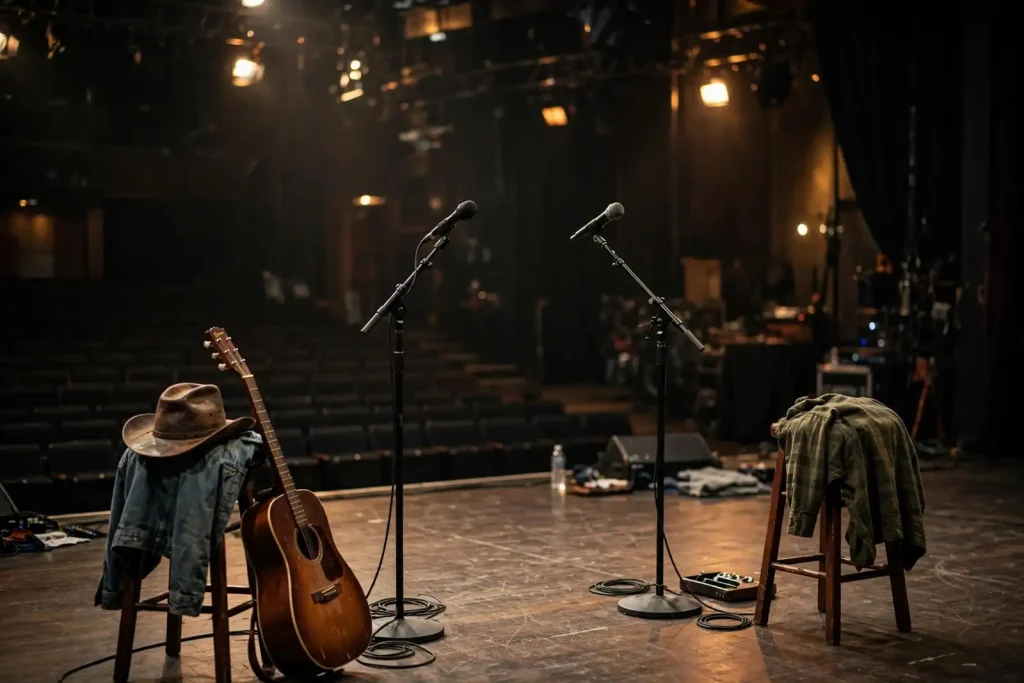 Two microphone stands on an empty stage with an acoustic guitar and cowboy hat, evoking the Joe Henley battle round duet on The Voice