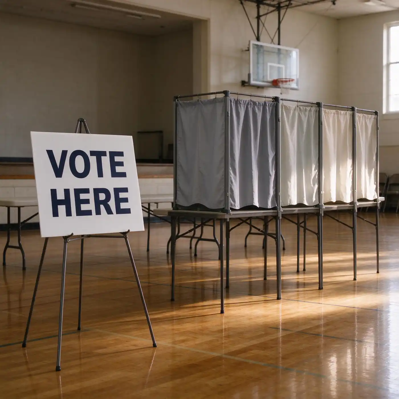 Row of voting booths with privacy screens and a vote here sign inside a community center