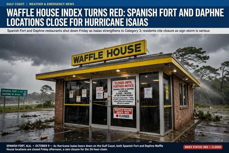 Illustration for the news story: Waffle House Index Turns Red: Spanish Fort and Daphne Locations Close for Hurricane Isaias