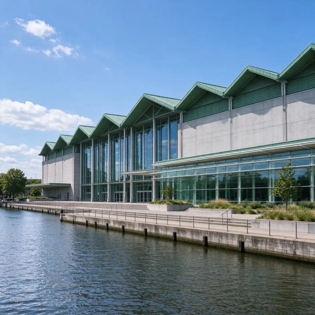 Large modern convention center with glass entrance on a riverfront under a clear blue sky