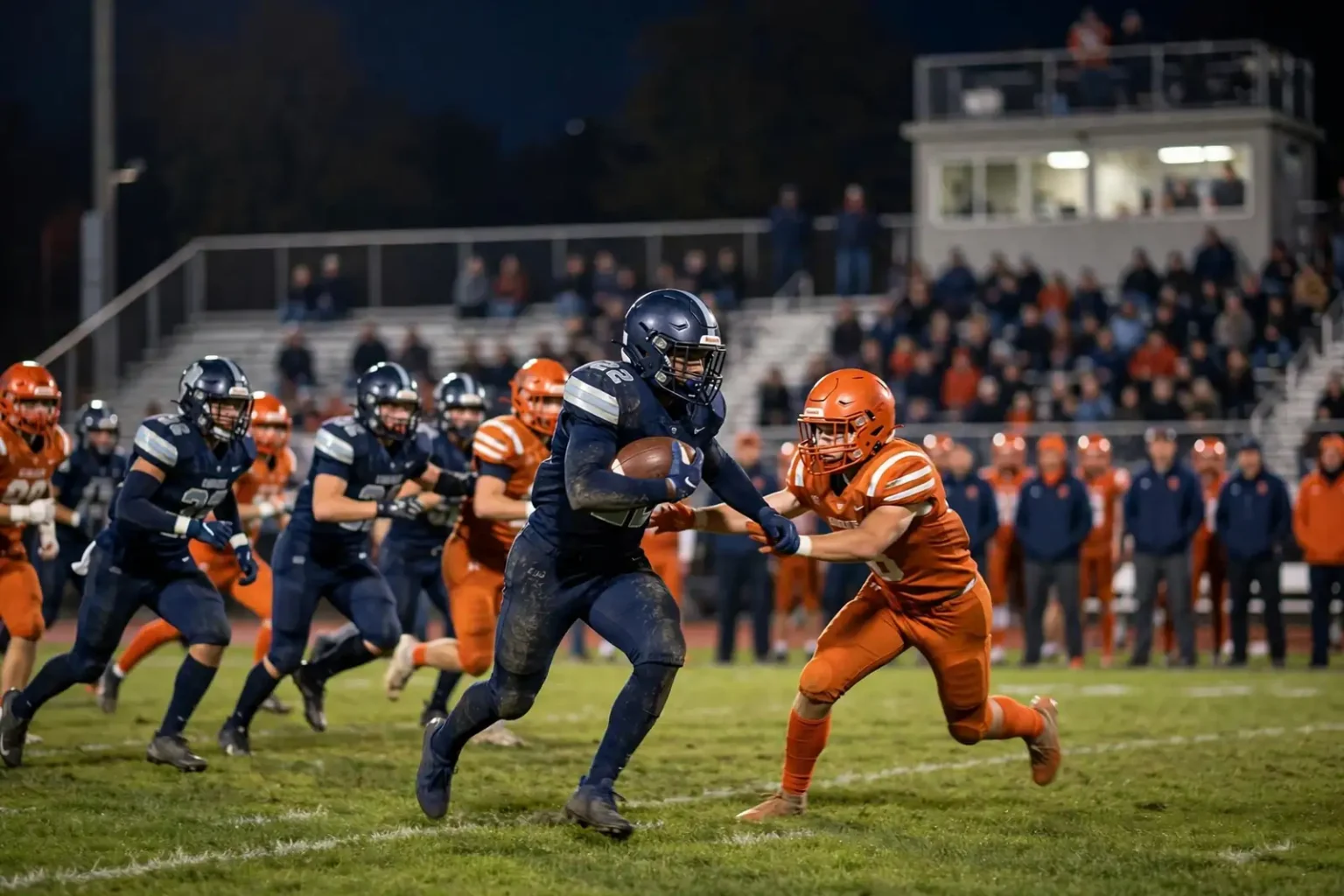 High school football players line up at the line of scrimmage under stadium lights on a Friday night