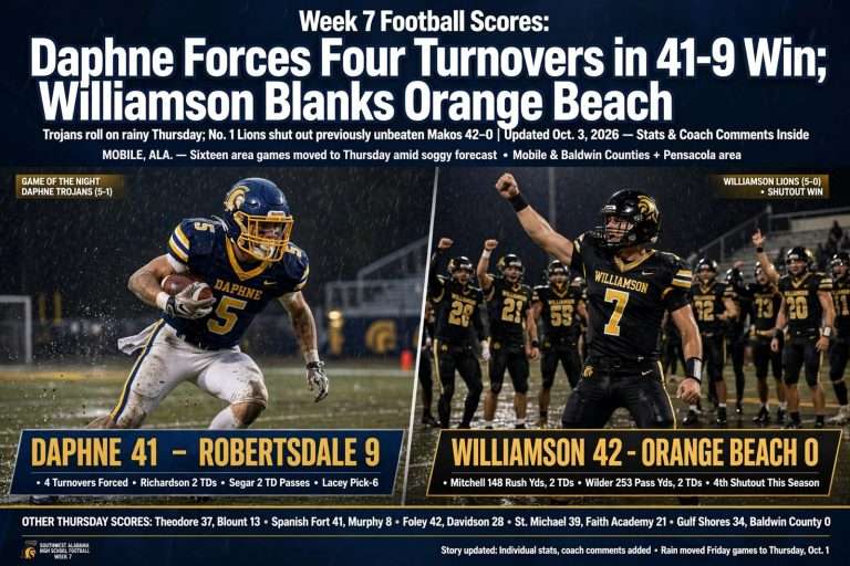 Illustration for the news story: Week 7 Football Scores: Daphne Forces Four Turnovers in 41-9 Win; Williamson Blanks Orange Beach