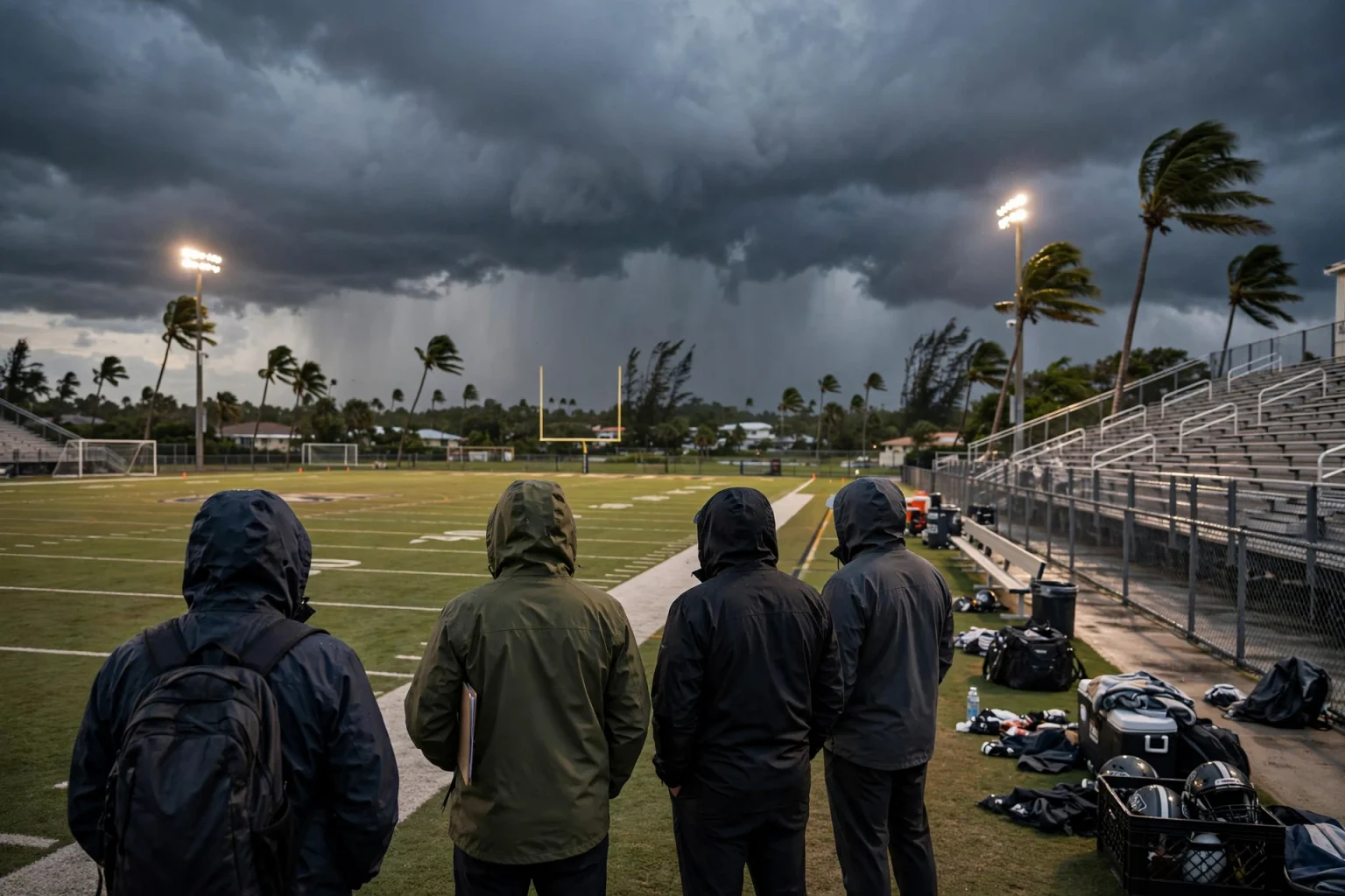 High school football players lining up at the line of scrimmage on a lighted field at night