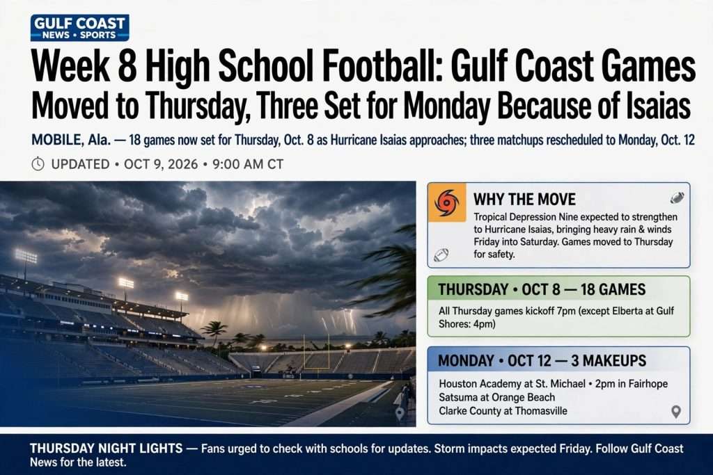 Illustration for the news story: Week 8 High School Football: Gulf Coast Games Moved to Thursday, Three Set for Monday Because of Isaias