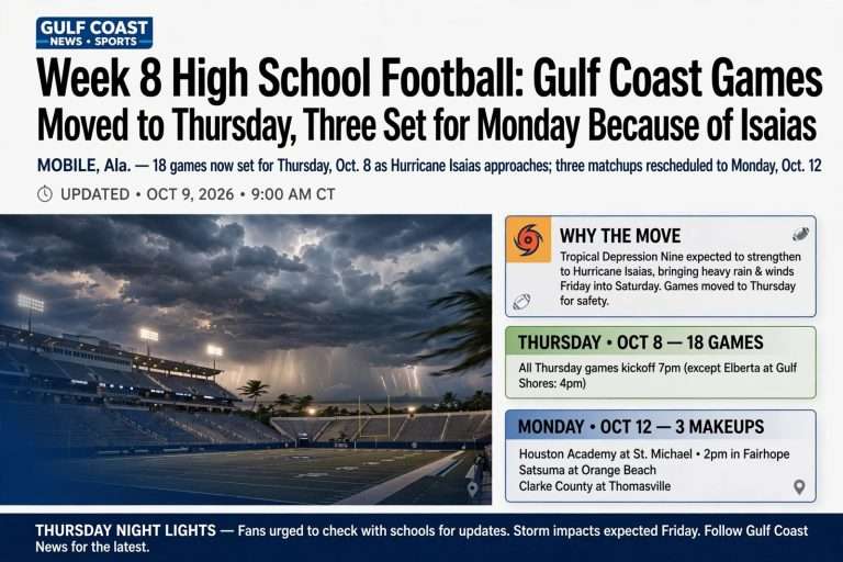 Illustration for the news story: Week 8 High School Football: Gulf Coast Games Moved to Thursday, Three Set for Monday Because of Isaias