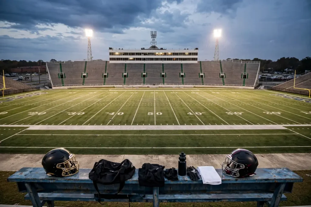 Empty football stadium under lights with two helmets on a sideline bench, setting the scene for Week 9 high school football in Mobile