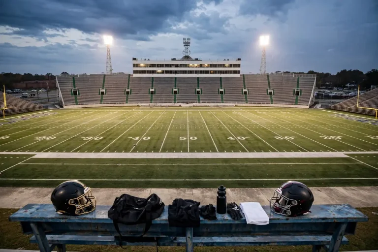Empty football stadium under lights with two helmets on a sideline bench, setting the scene for Week 9 high school football in Mobile