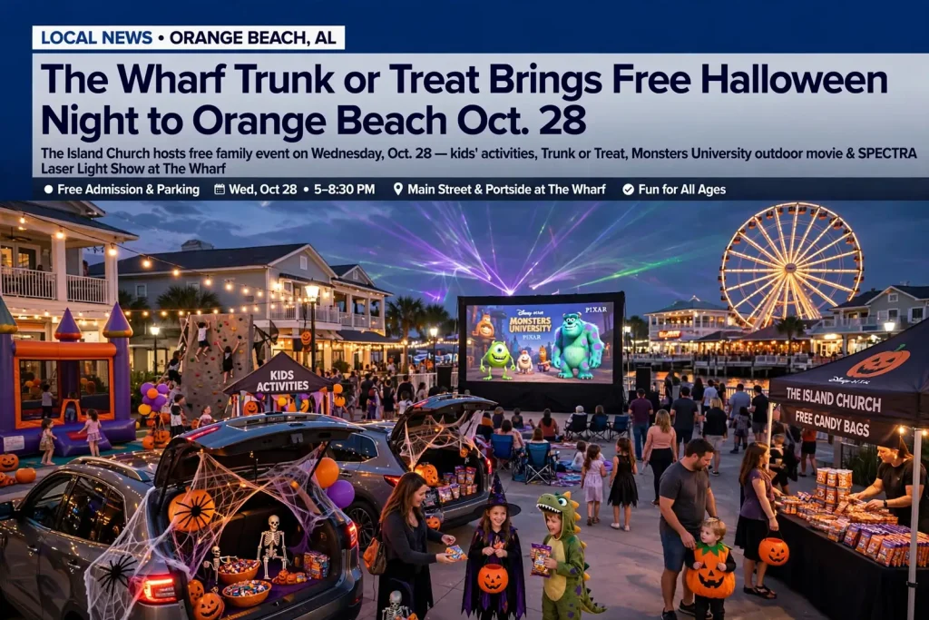 Children in Halloween costumes collecting candy from decorated car trunks along a lit outdoor shopping street at dusk
