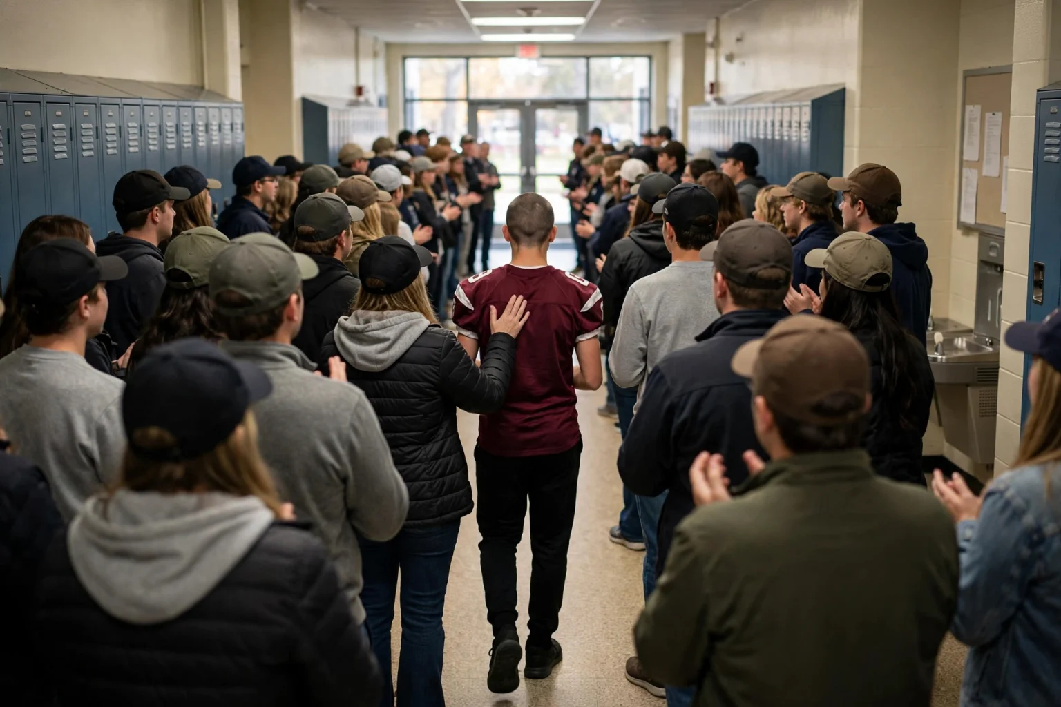 High school students wearing baseball caps lining a school hallway and cheering