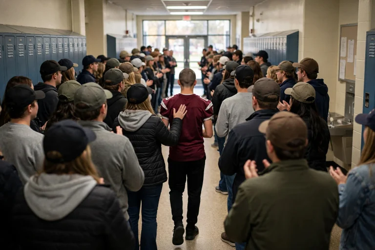 High school students wearing baseball caps lining a school hallway and cheering