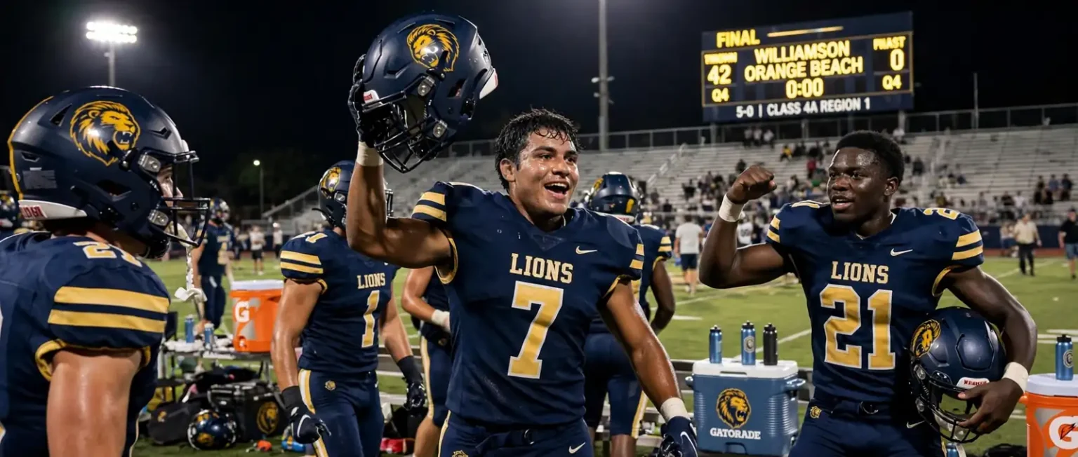 High school football players in navy and gold Lions uniforms celebrate on the sideline as a scoreboard shows a 42-0 final
