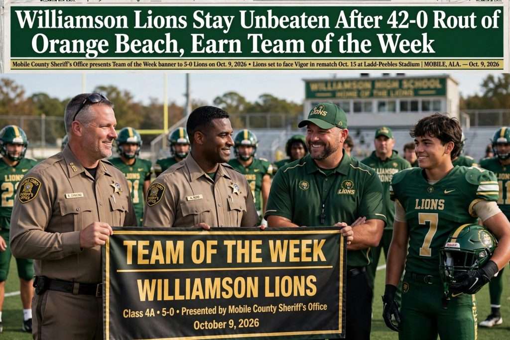 Illustration for the news story: Williamson Lions Stay Unbeaten After 42-0 Rout of Orange Beach, Earn Team of the Week