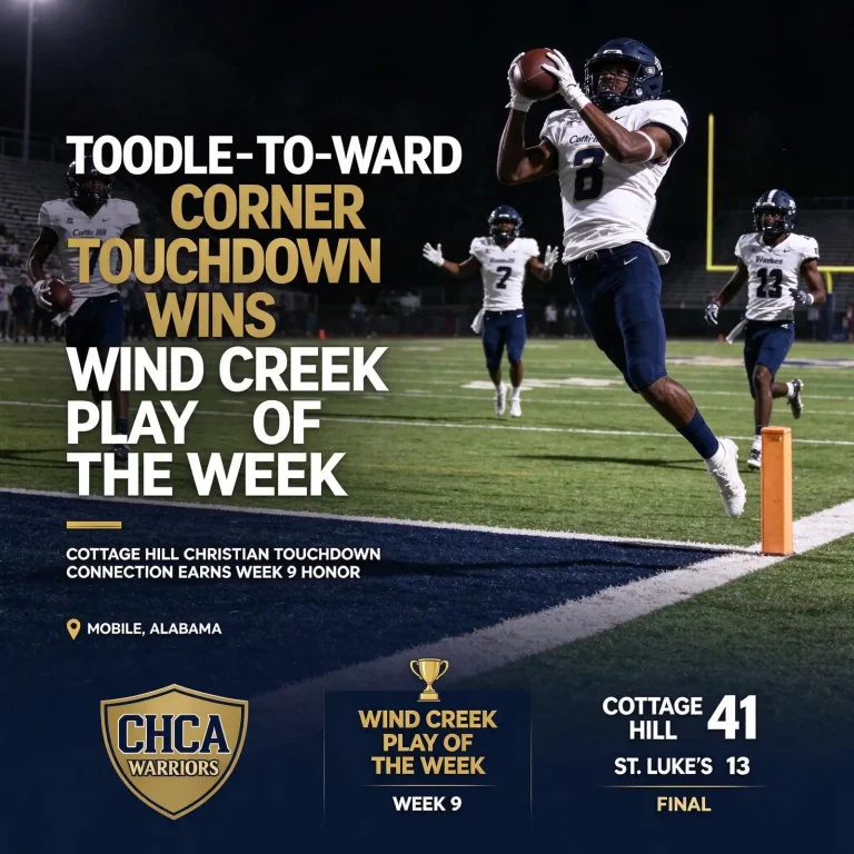 High school wide receiver catching a football in the corner of the end zone during a night game