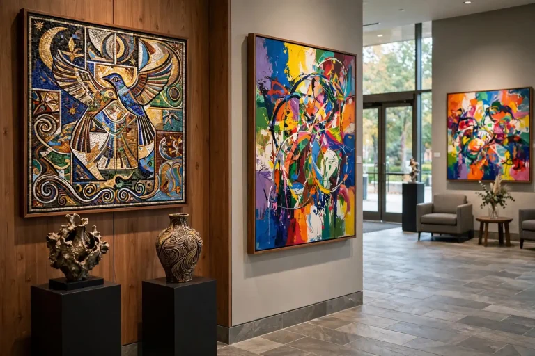 Visitors view paintings, mosaics and sculptures displayed in a theater lobby during an art exhibition