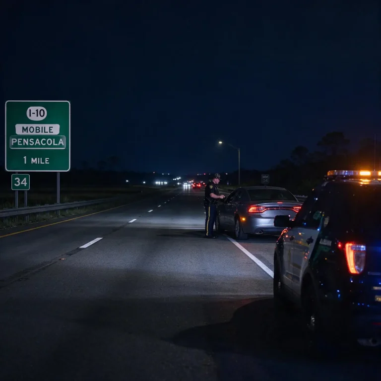 State trooper patrol car with flashing lights stopped behind a car on the shoulder of an interstate highway at night