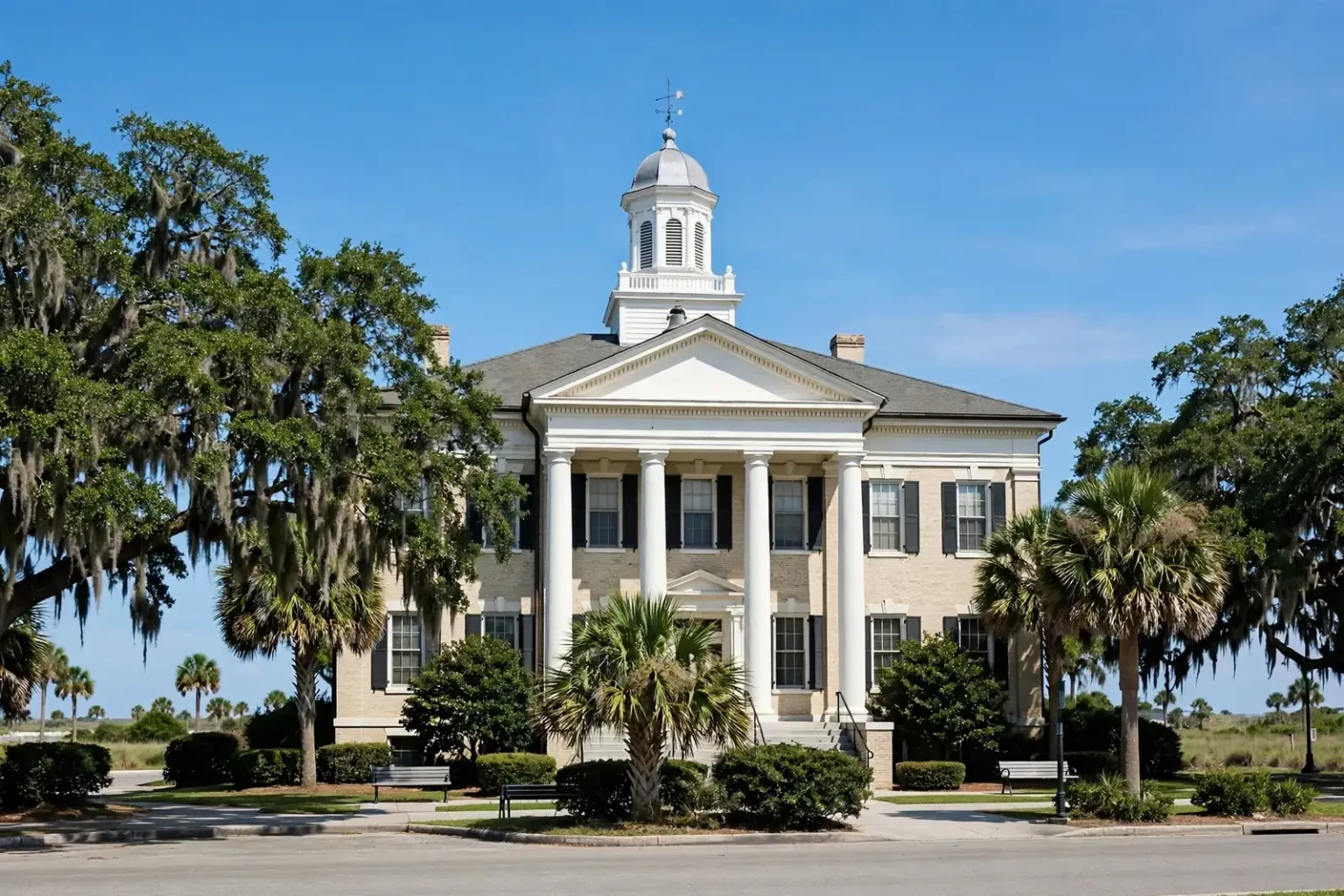 White-columned county courthouse with a cupola under a blue sky