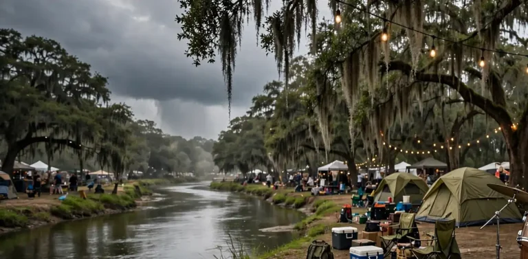 Tents, camp chairs and string lights beneath moss-draped oak trees along a creek under stormy skies
