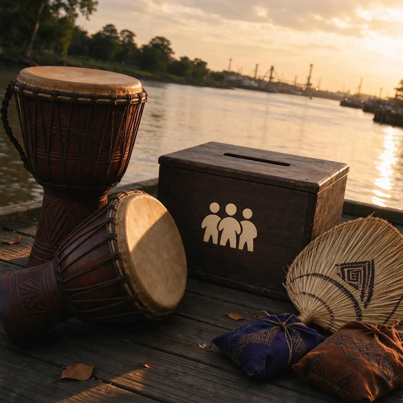 Drummers perform West African rhythms on hand drums before an audience in a Mobile venue