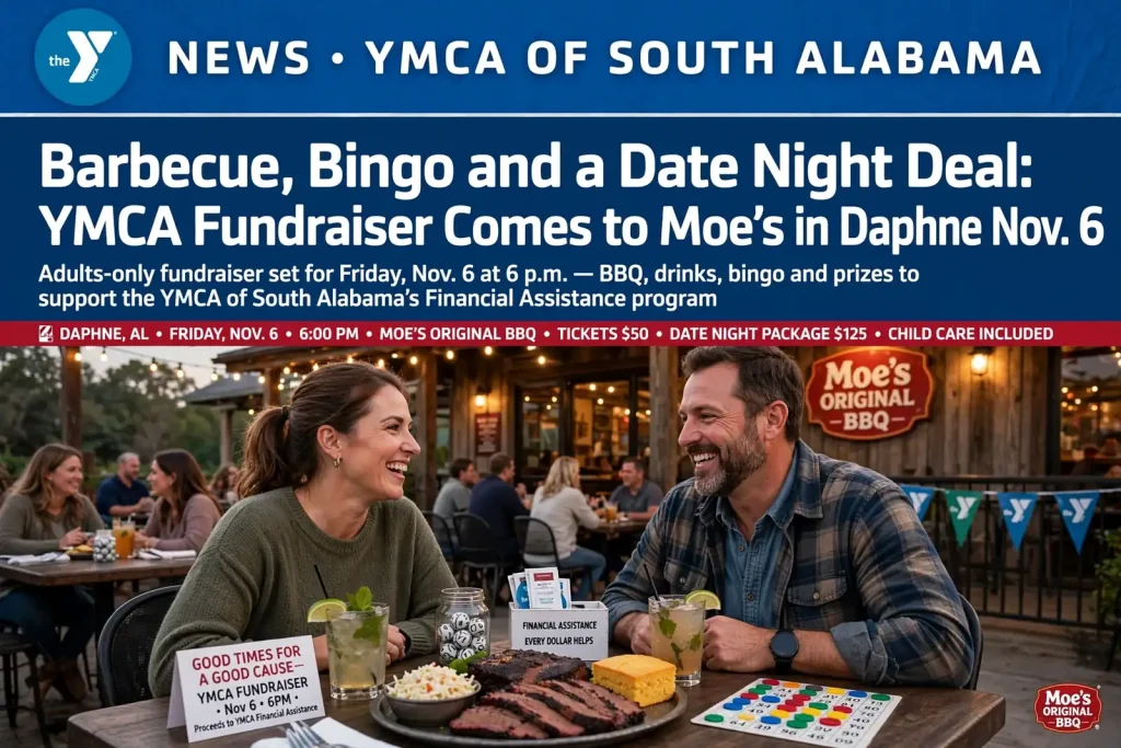 Adults sharing barbecue plates and playing bingo cards at long tables during an evening charity fundraiser in a casual restaurant
