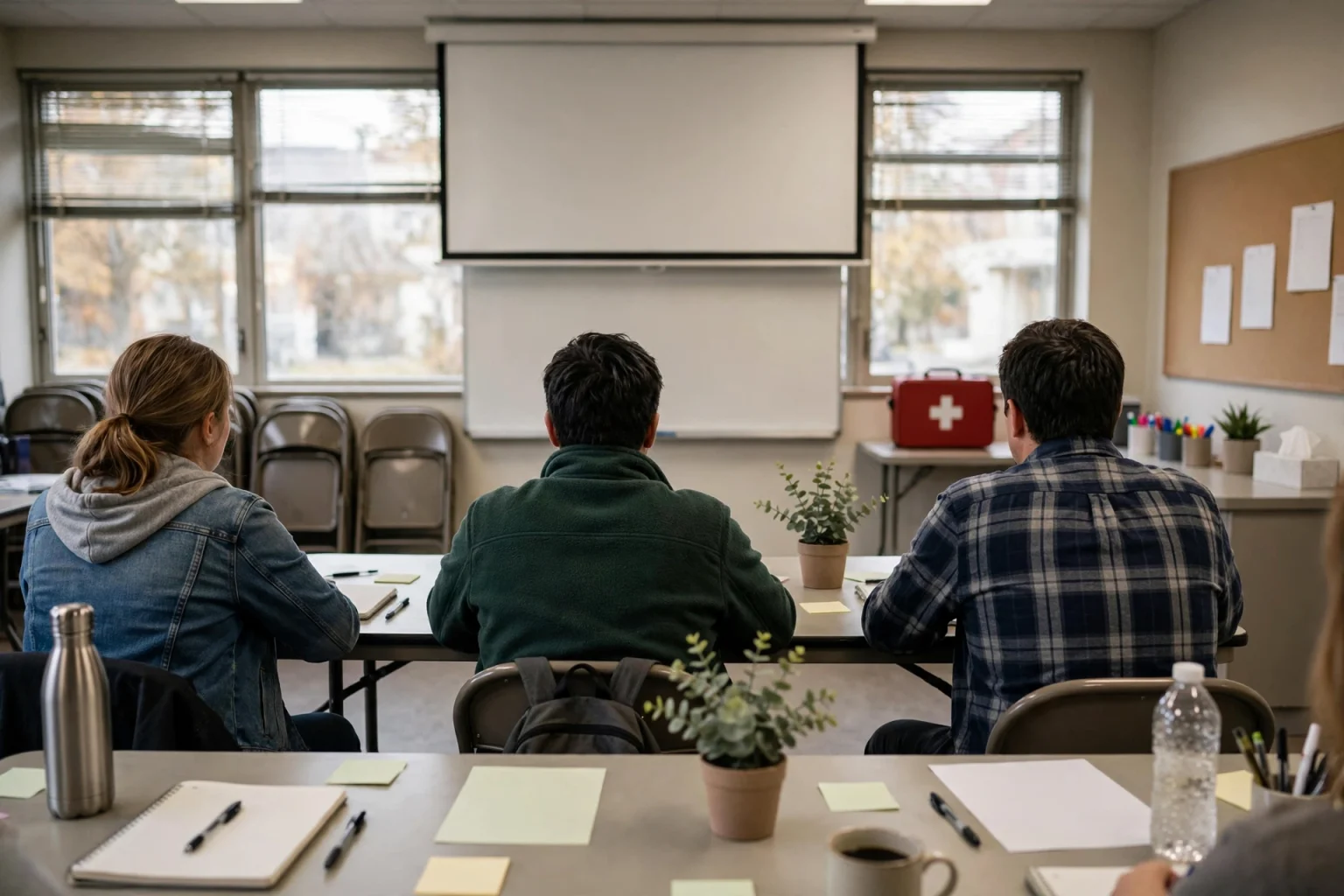 Adults seated around tables in a training room listening to an instructor during a mental health first aid course