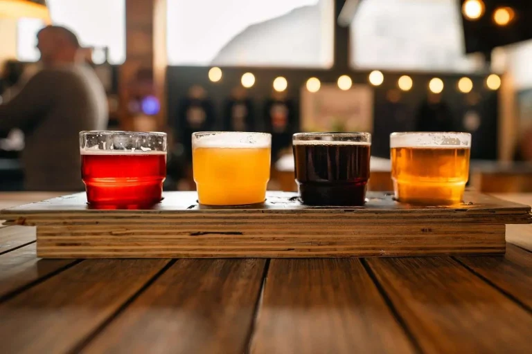 Glasses of craft beer lined up on the wooden bar of a taproom